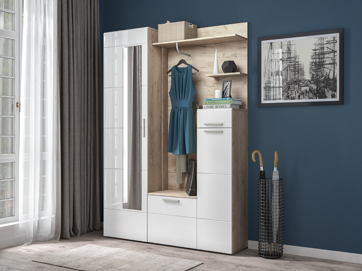 Прихожая Лайн 10.16 Ш, цвет дуб крафт серый/фасады МДФ белый глянец, ШхГхВ 89,8х35,1х210 см., НЕ универсальная сборка